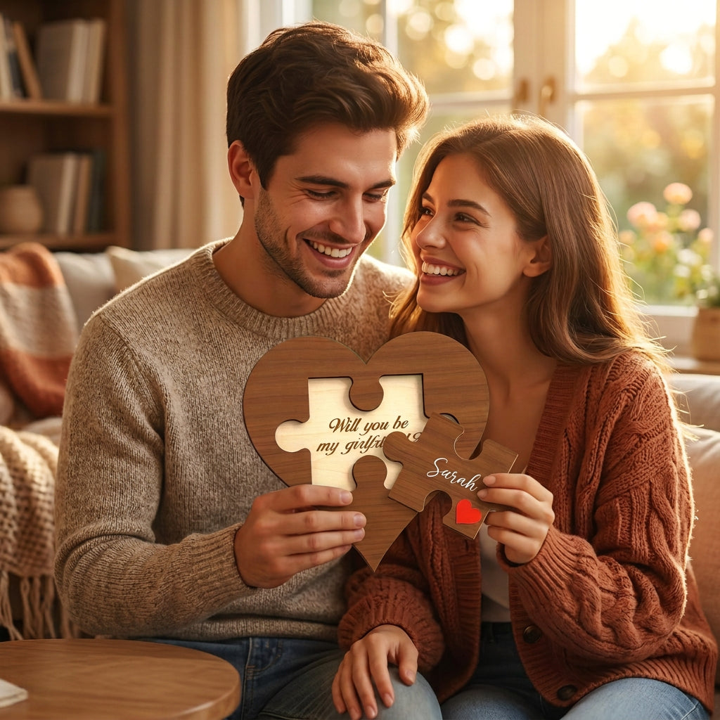 Personalized Wooden Heart Proposal Puzzle Sign with Card