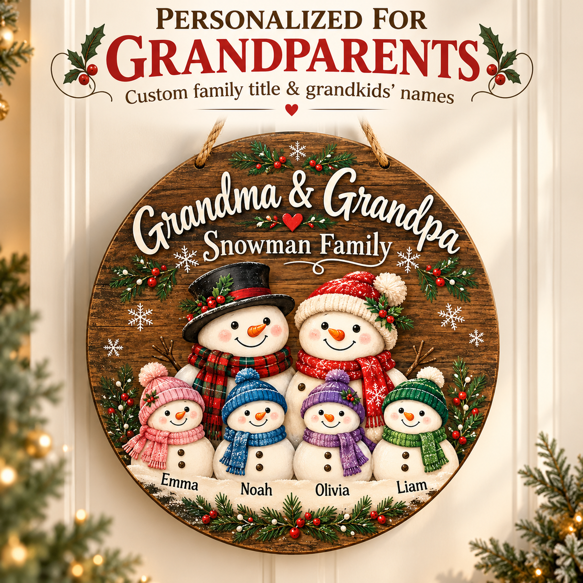 Personalized Snowman Family Door Sign – Christmas Gift for Grandparents