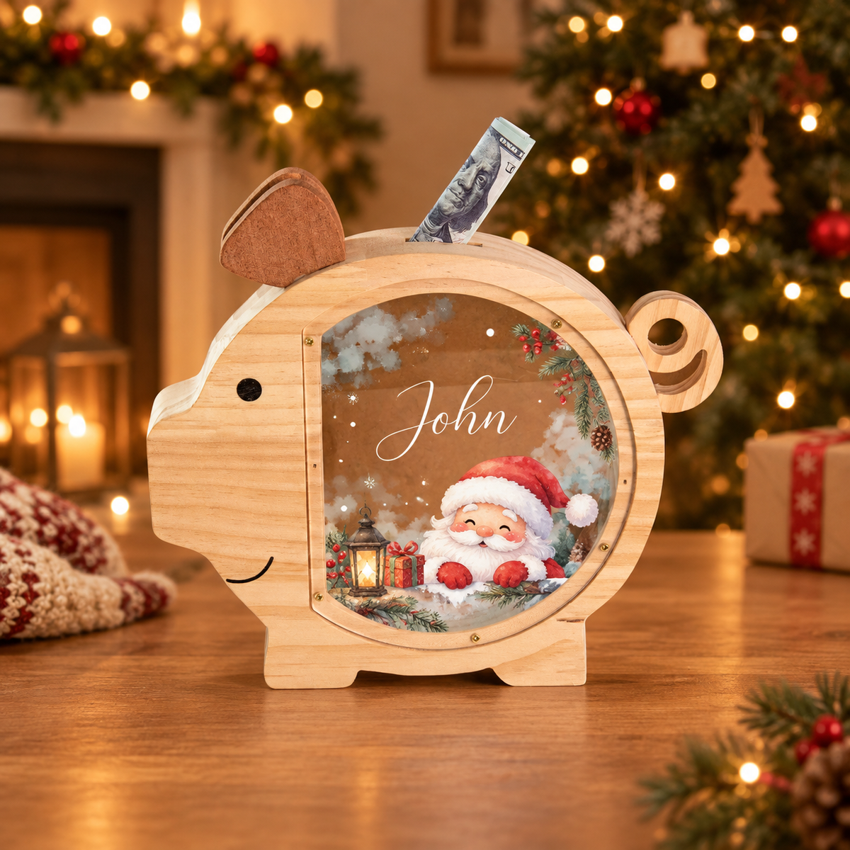 Personalized Wooden Christmas Piggy Bank – Custom Kids Money Box