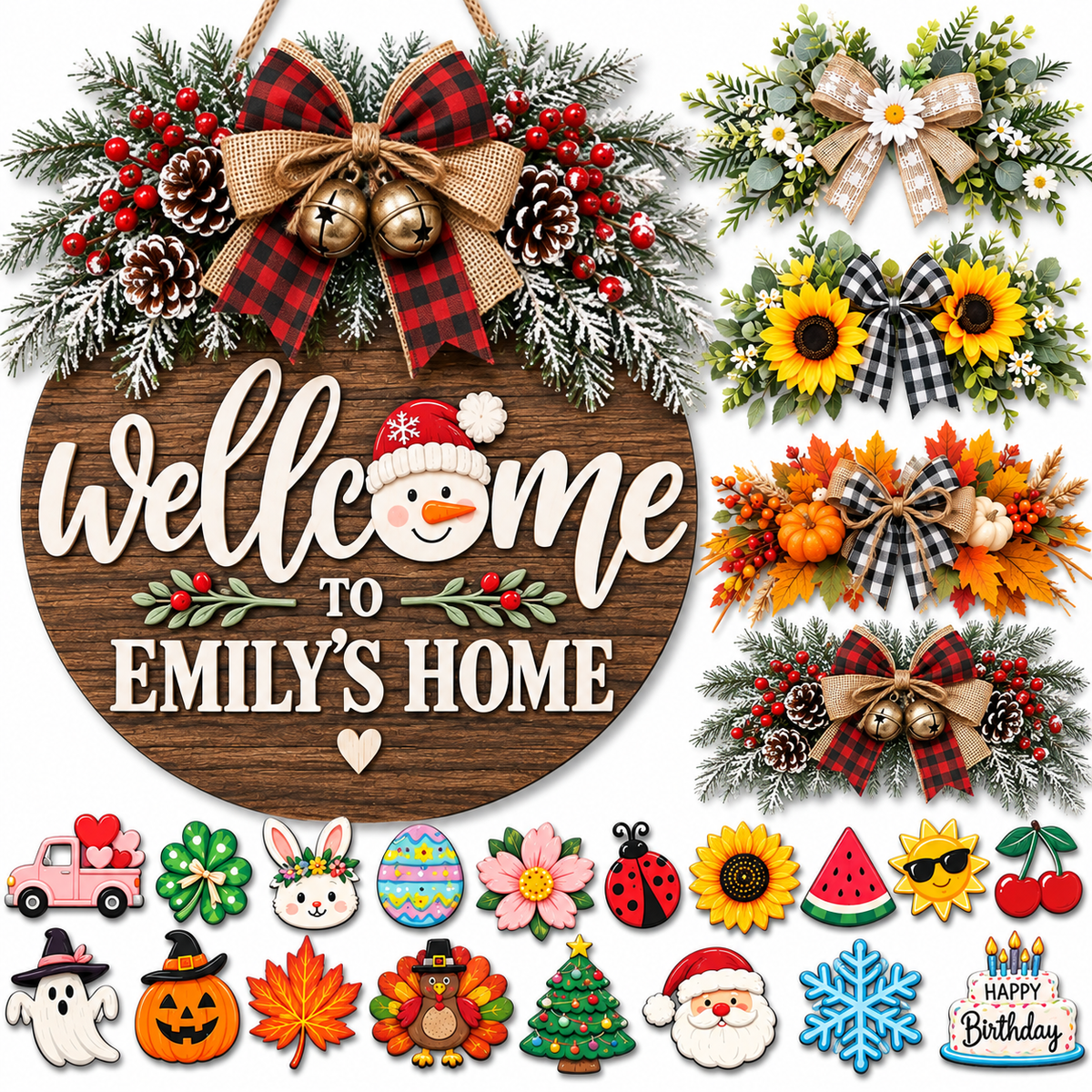 Personalized Interchangeable Welcome Sign for Front Door – 4 Seasonal Wreaths & 18 Changeable Icons