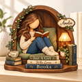 Personalized Cozy Reader wooden block with Amelia name on a bright shelf