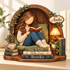Personalized Cozy Reader wooden block with Amelia name on a bright shelf