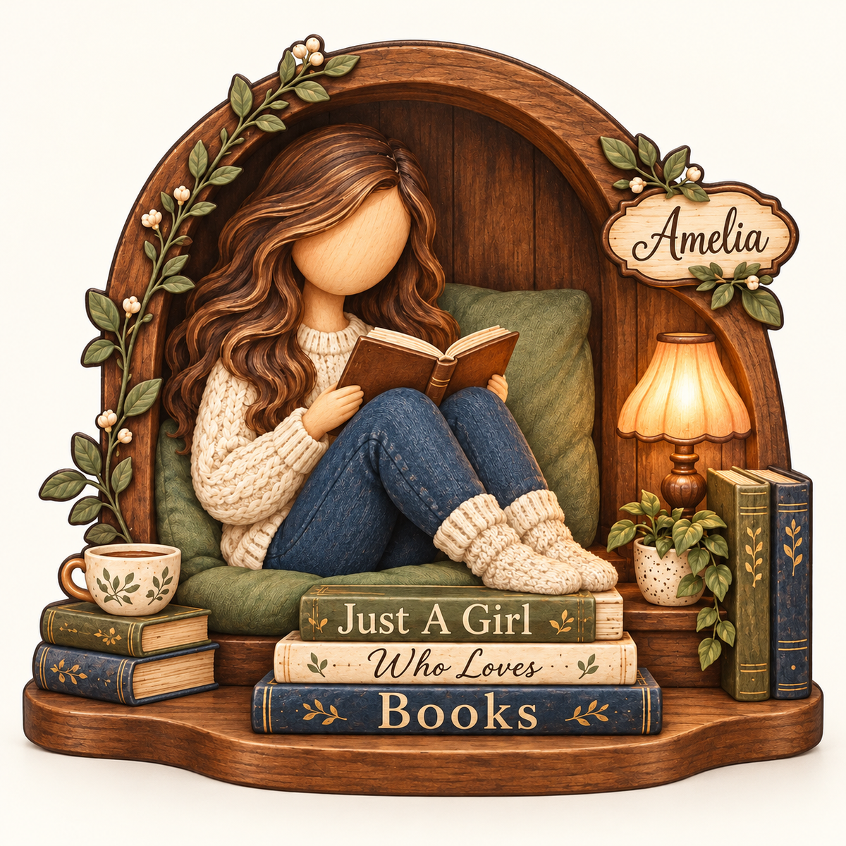 Front view of Amelia Cozy Reader artwork