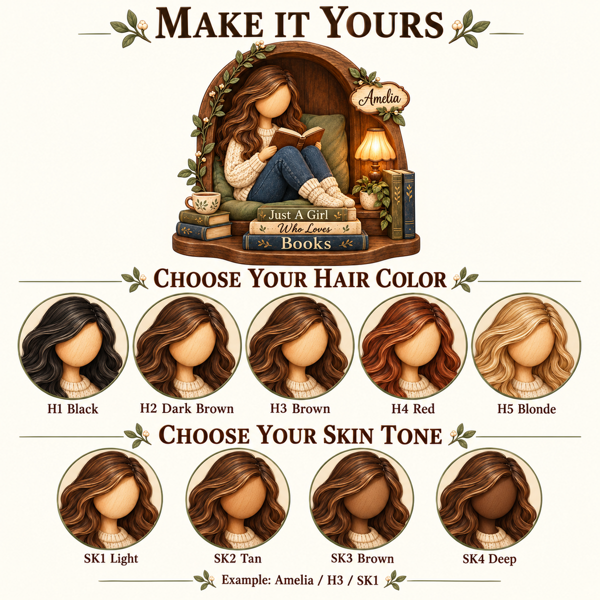 Five hair colors H1-H5 and four skin tones SK1-SK4