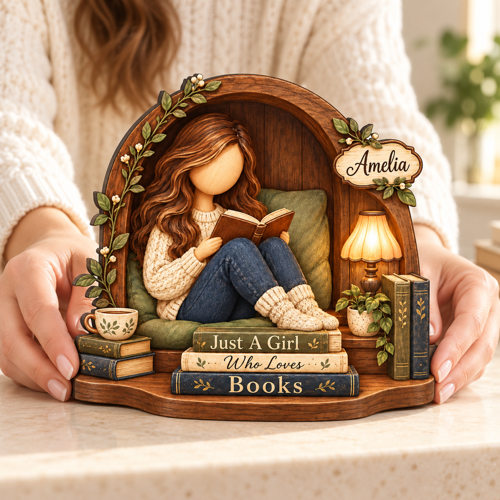 Personalized book lover decor placed on a console