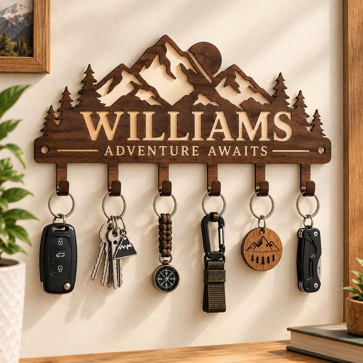 Personalized Mountain Wooden Key Holder for Wall - Custom Family Name Key Hanger & Elegant Entryway Home Decor (Functional & Stylish)