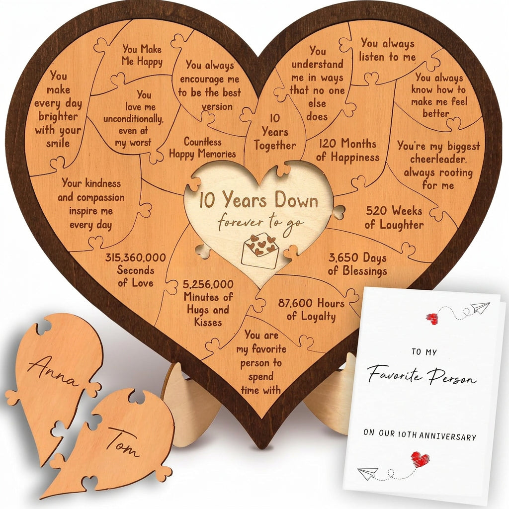 Personalized Wooden Heart Puzzle Plaque - Custom Anniversary Gift for Couples