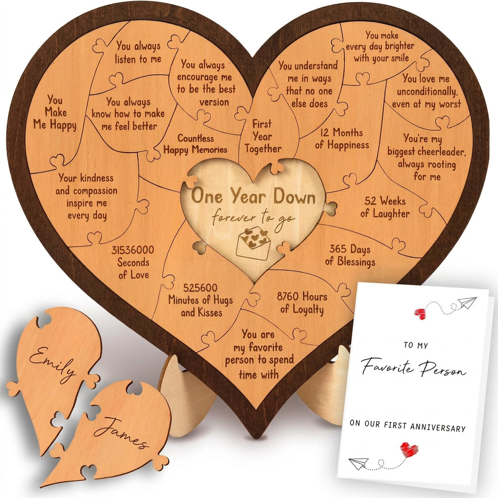 Personalized Wooden Heart Puzzle Plaque - Custom Anniversary Gift for Couples