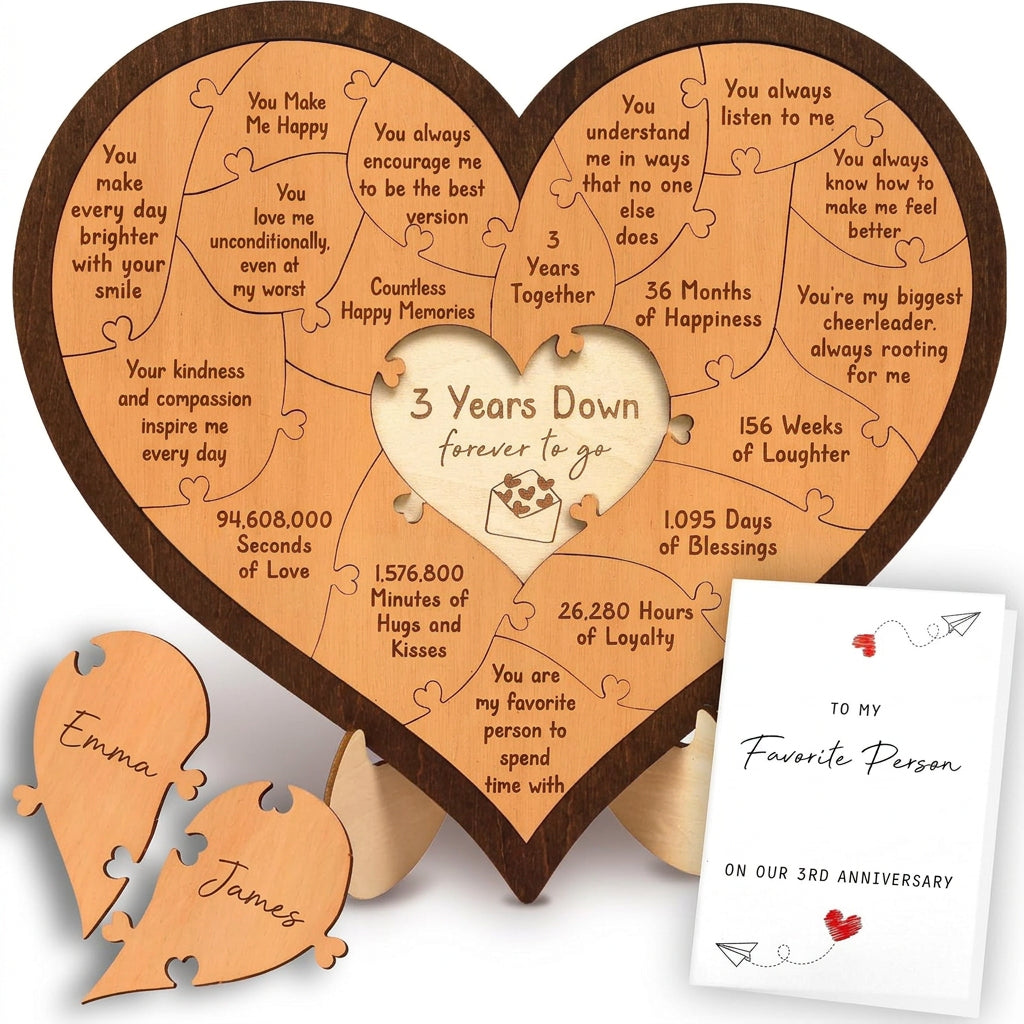 Personalized Wooden Heart Puzzle Plaque - Custom Anniversary Gift for Couples