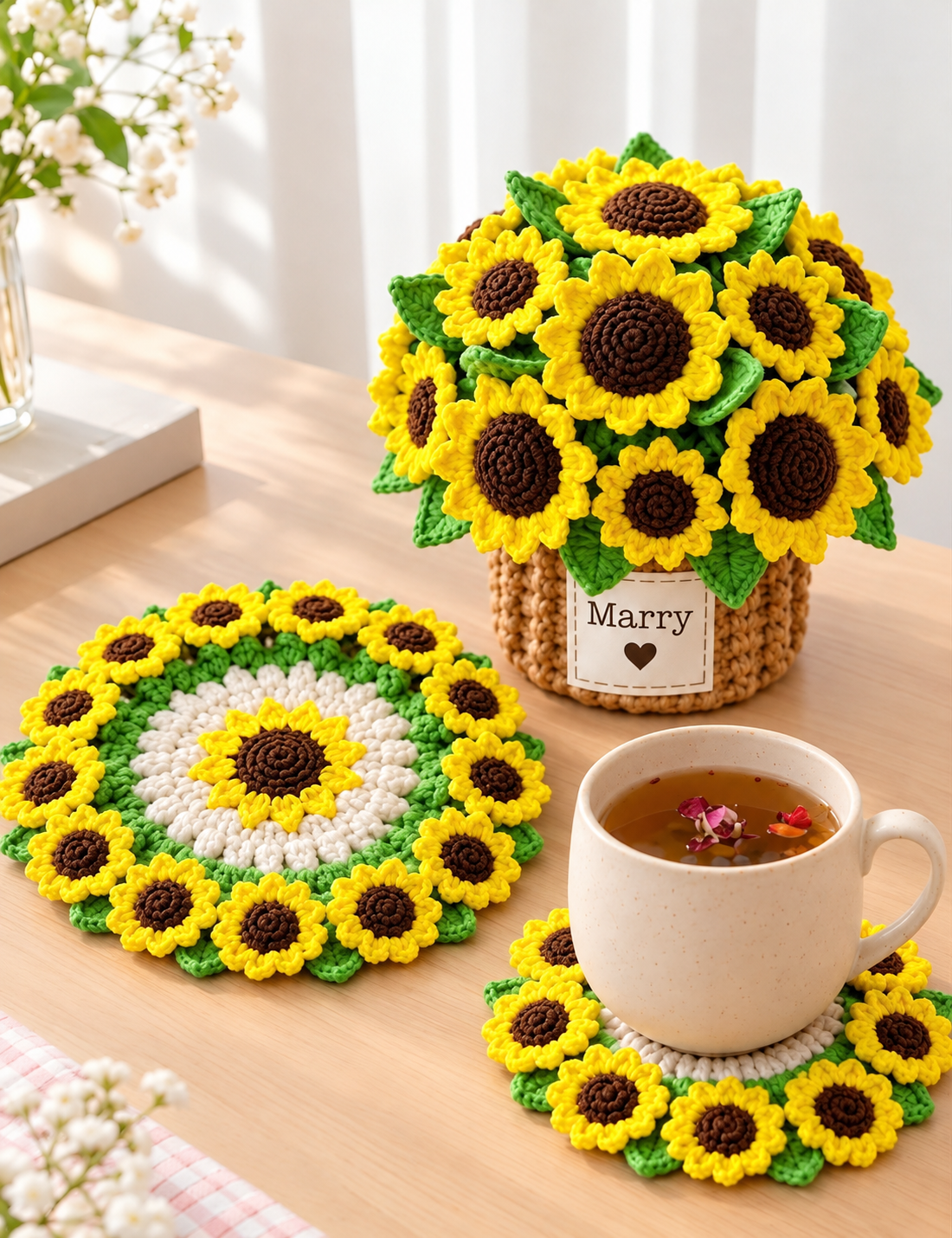 Personalized Crochet Flower Bouquet Coasters Set with Mini Basket Holder – Custom Name Tulip, Rose, Sunflower Desk Decor & Heat-Resistant Drink Mat