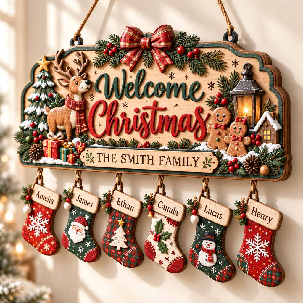 Personalized Christmas Family Stocking Sign – 3D Layered Wood Decor