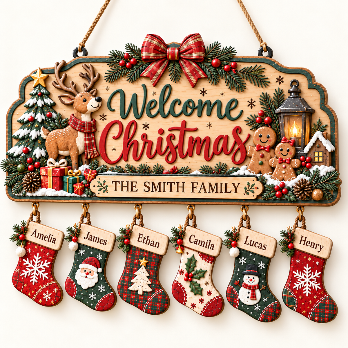 Personalized Christmas Family Stocking Sign – 3D Layered Wood Decor