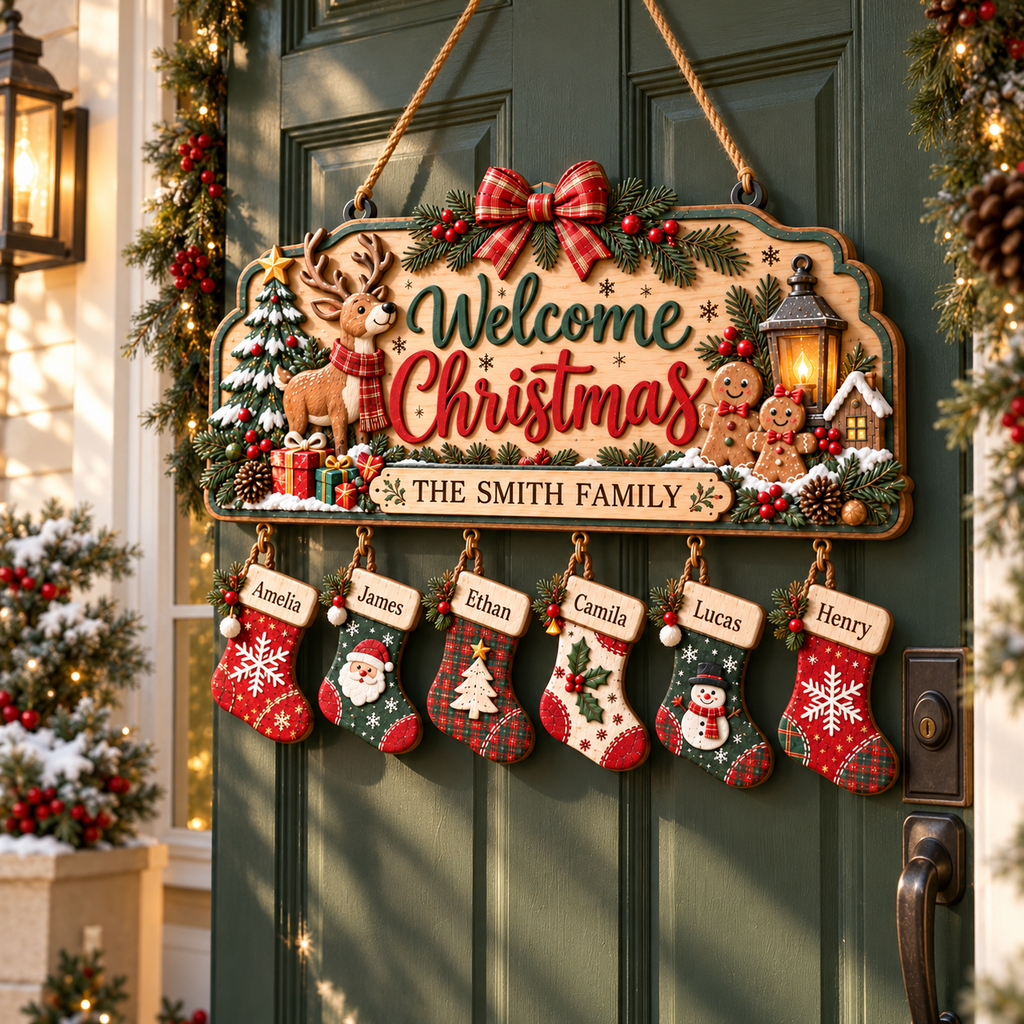 Personalized Christmas Family Stocking Sign – 3D Layered Wood Decor