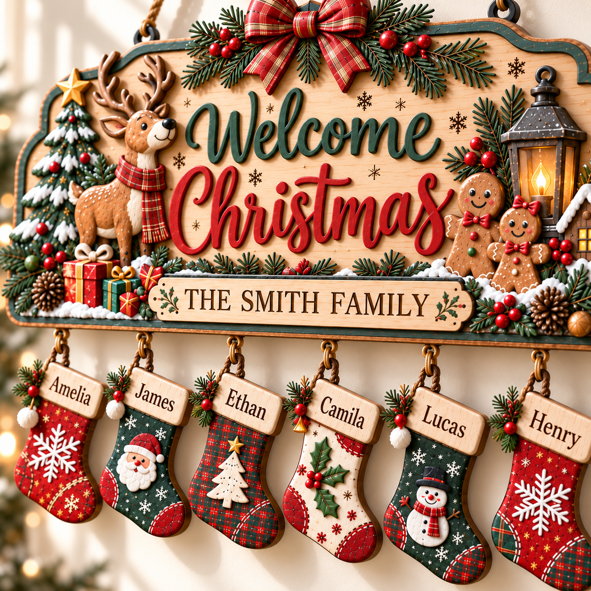 Personalized Christmas Family Stocking Sign – 3D Layered Wood Decor