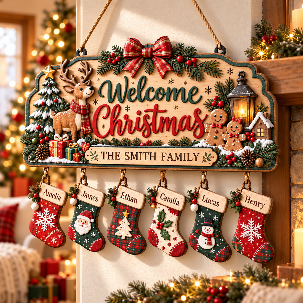 Personalized Christmas Family Stocking Sign – 3D Layered Wood Decor