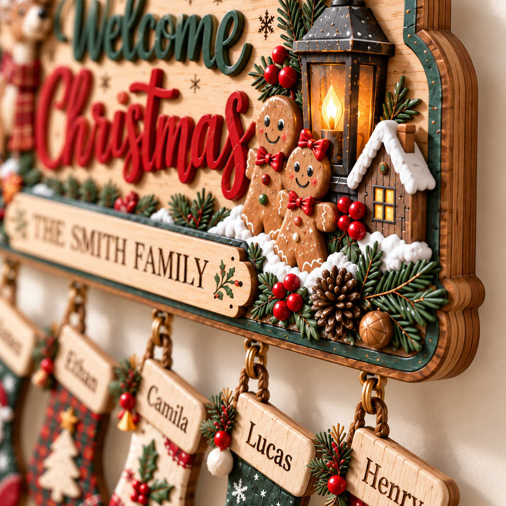 Personalized Christmas Family Stocking Sign – 3D Layered Wood Decor