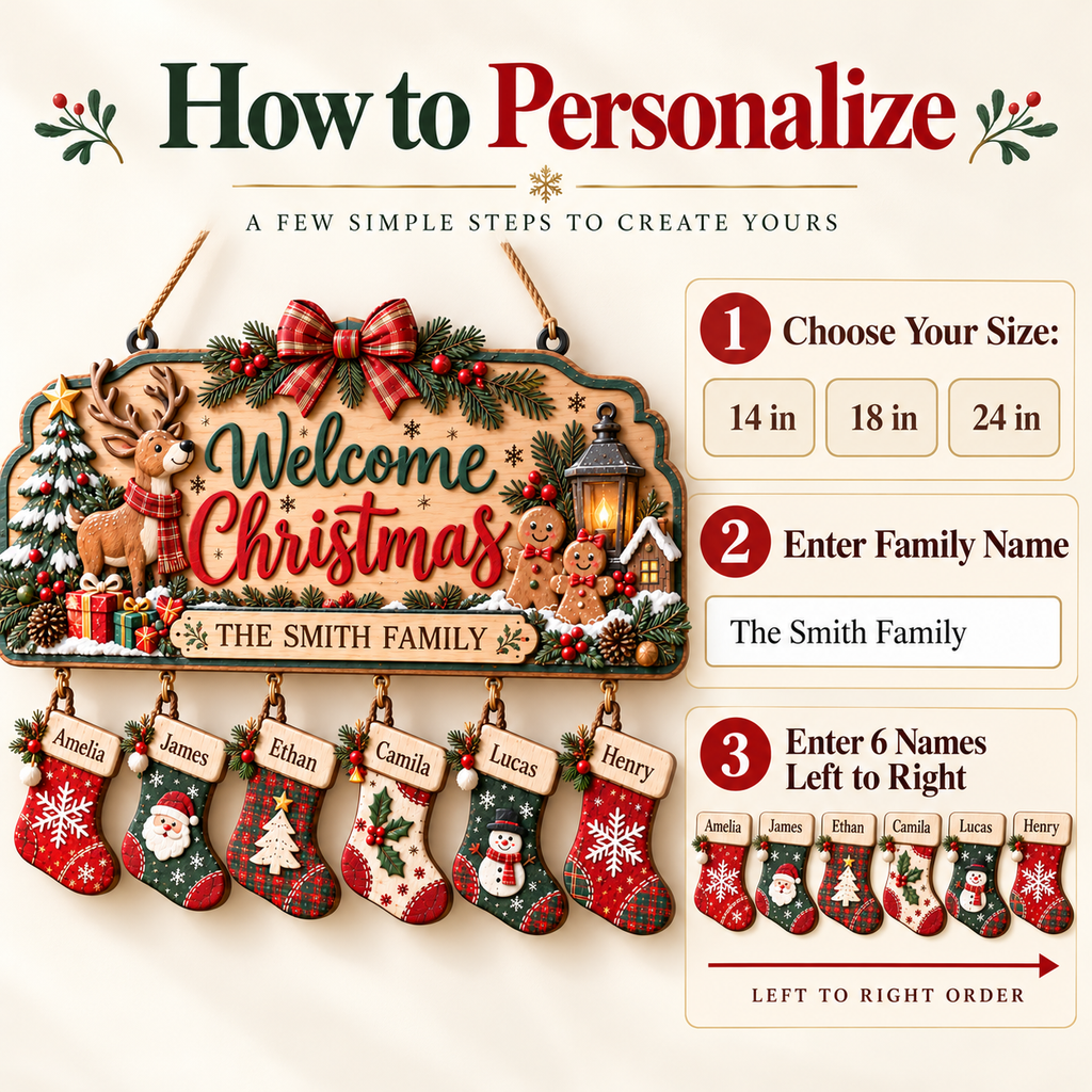Personalized Christmas Family Stocking Sign – 3D Layered Wood Decor