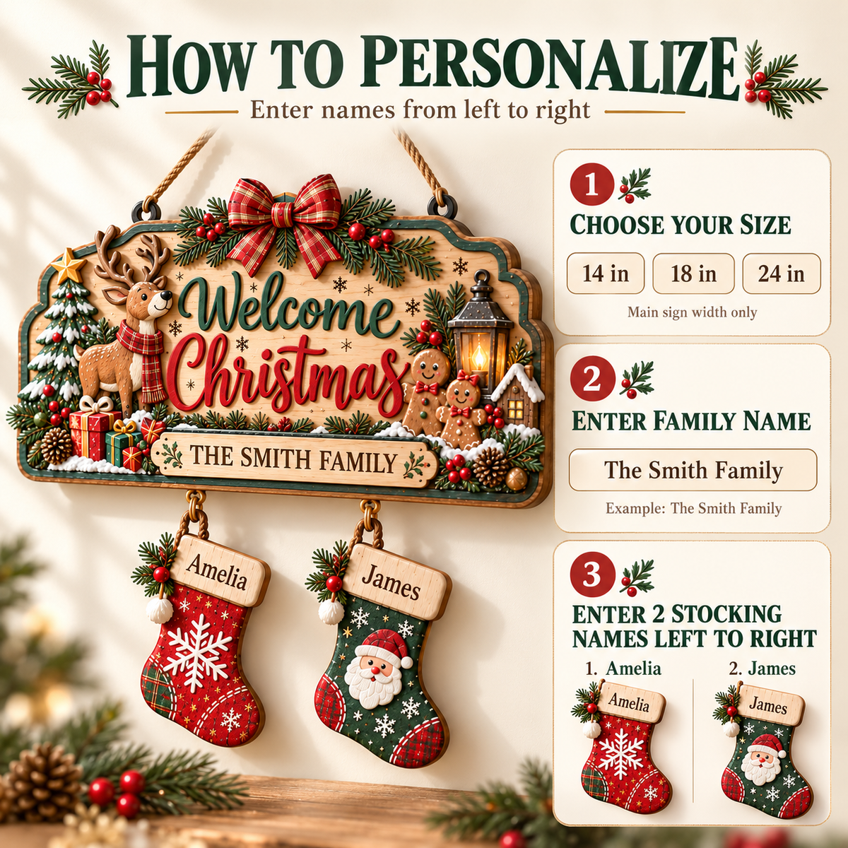 Personalized Christmas Family Stocking Sign – 3D Layered Wood Decor