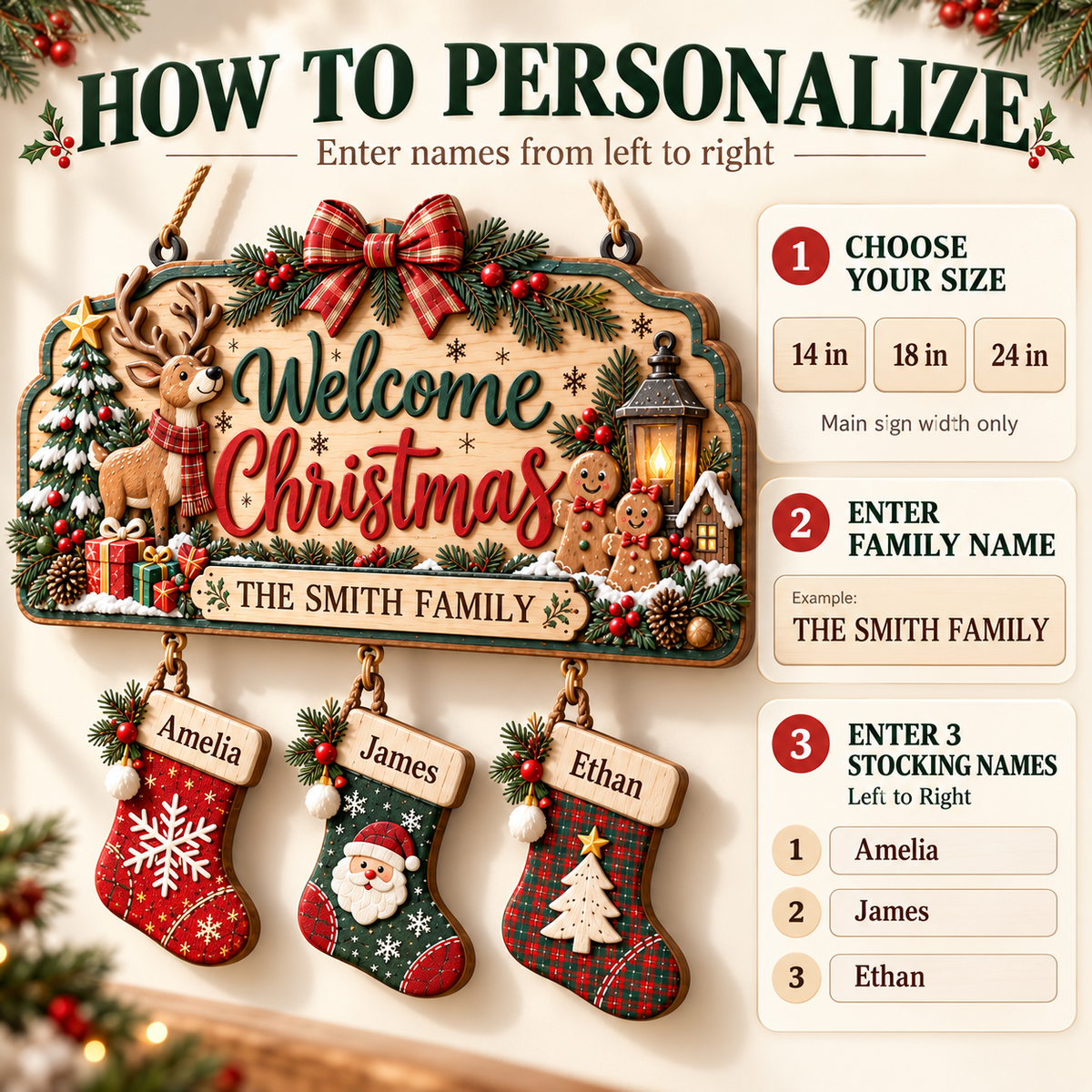 Personalized Christmas Family Stocking Sign – 3D Layered Wood Decor