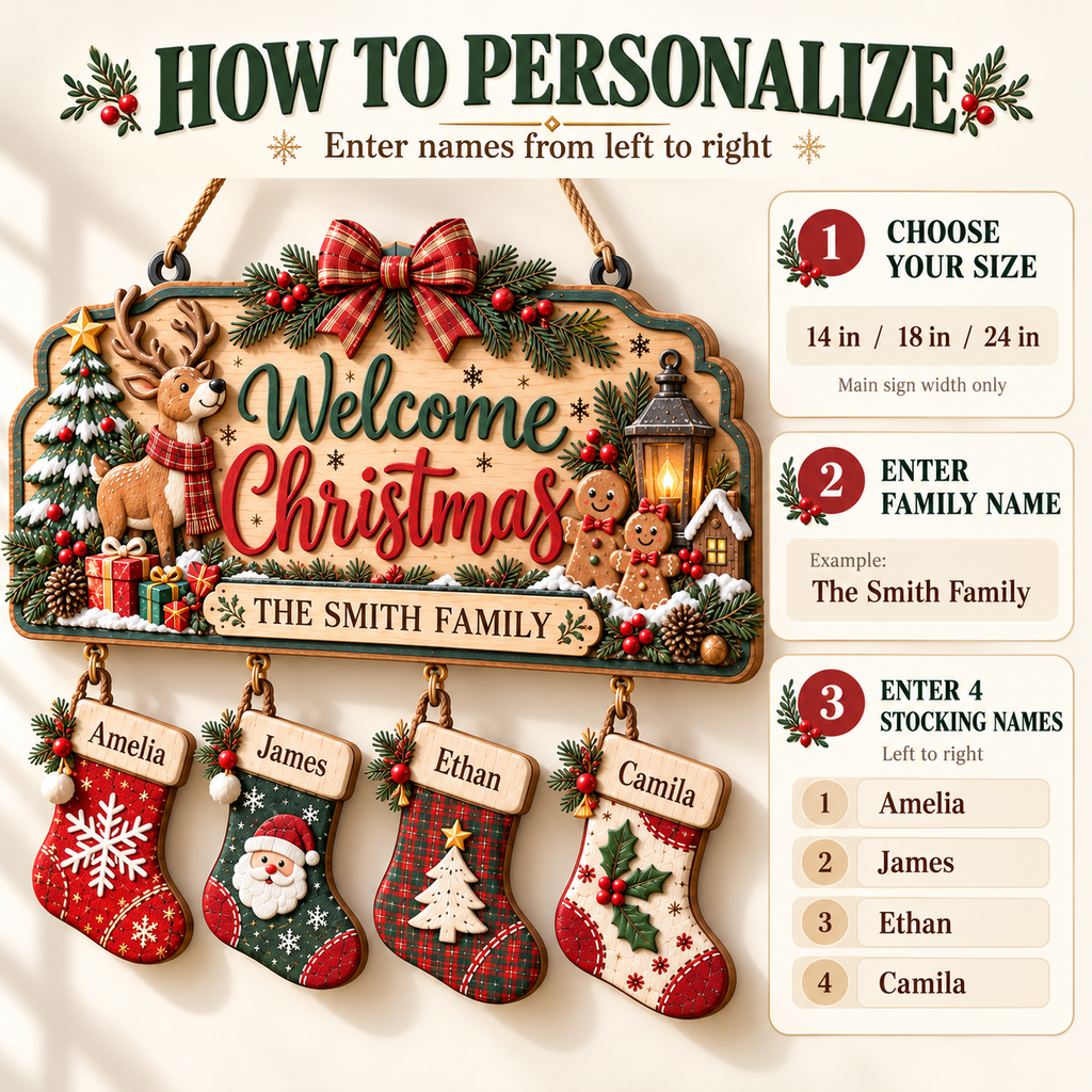 Personalized Christmas Family Stocking Sign – 3D Layered Wood Decor