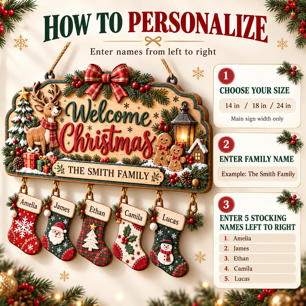 Personalized Christmas Family Stocking Sign – 3D Layered Wood Decor