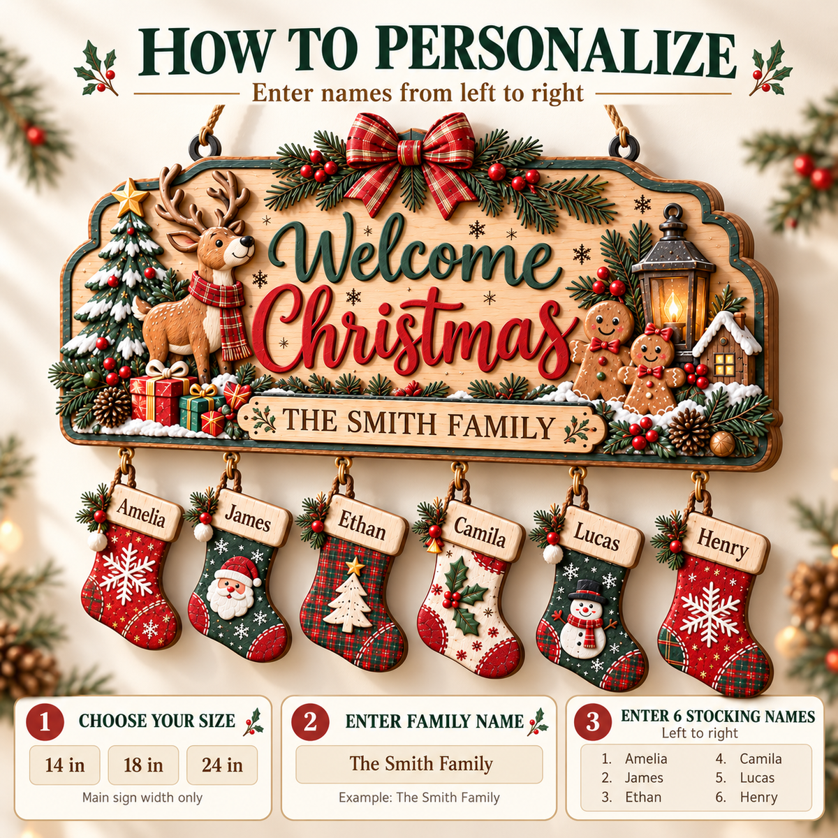 Personalized Christmas Family Stocking Sign – 3D Layered Wood Decor