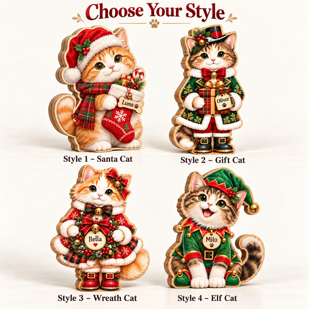 Personalized Christmas Cat Wooden Block — 02 choose style