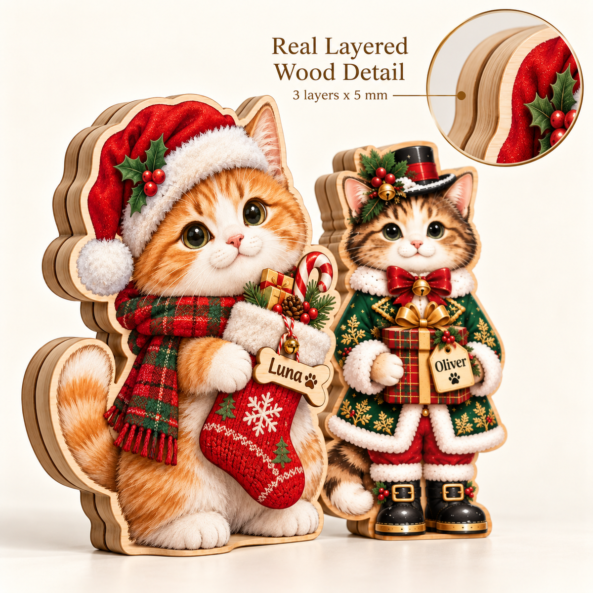 Personalized Christmas Cat Wooden Block — 04 layer detail