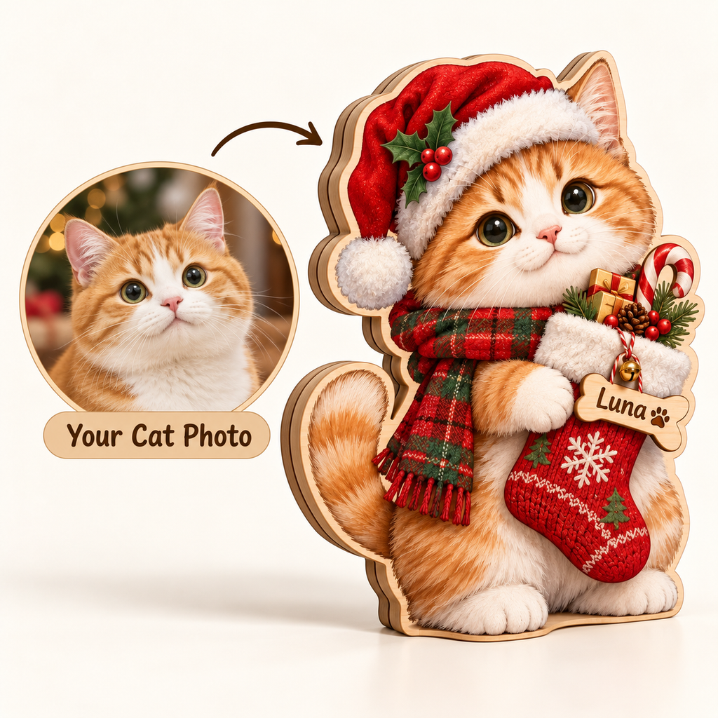 Personalized Christmas Cat Wooden Block — 08 handheld