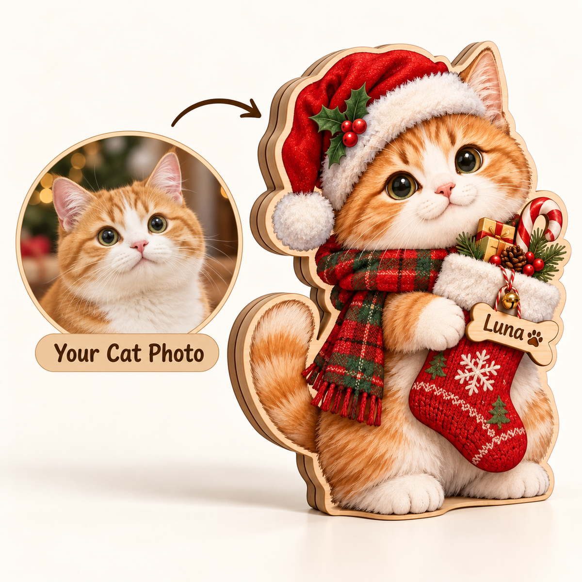 Personalized Christmas Cat Wooden Block — 08 handheld