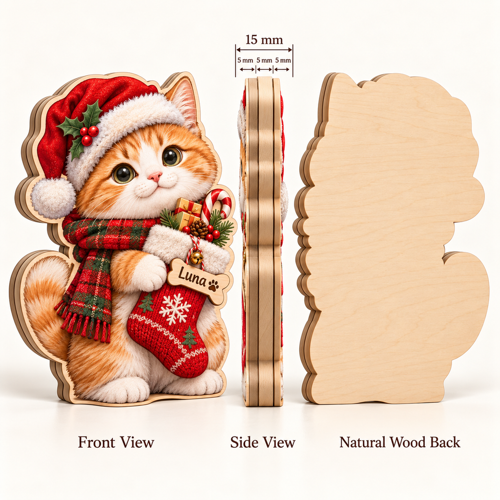 Personalized Christmas Cat Wooden Block — 10 front side back