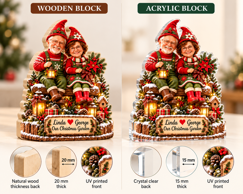 Wooden versus Acrylic Christmas Garden Gnome, silhouette edges and material comparison