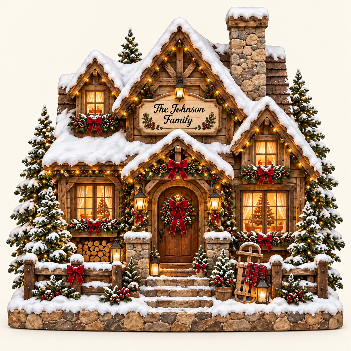Woodland Winter Cabin personalized Christmas family house