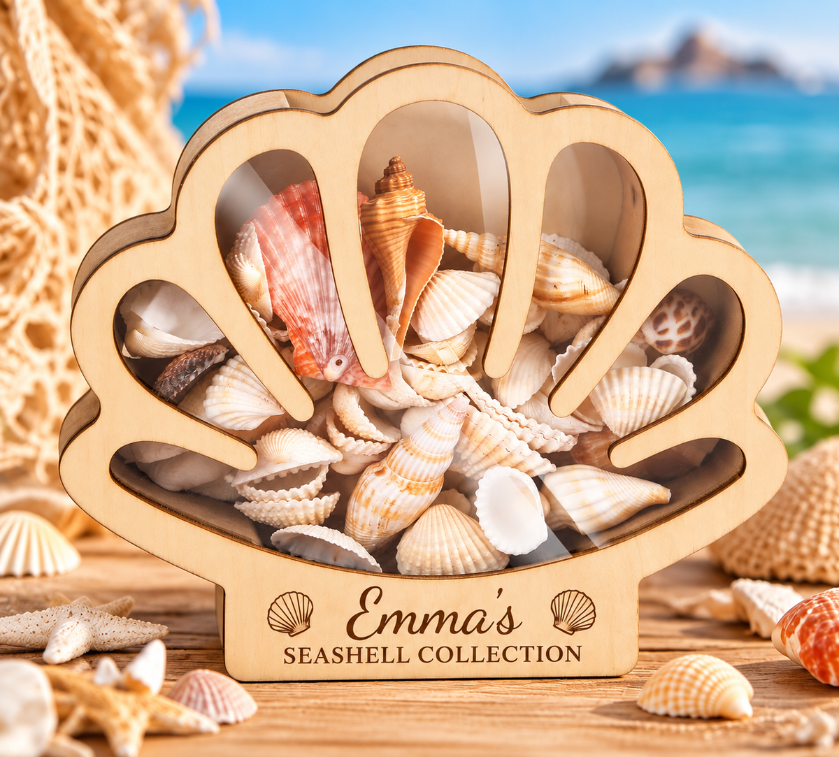 Personalized Wooden Seashell Shadow Box – Custom Beach Memory Keepsake