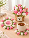 Personalized Crochet Flower Bouquet Coasters Set with Mini Basket Holder – Custom Name Tulip, Rose, Sunflower Desk Decor & Heat-Resistant Drink Mat