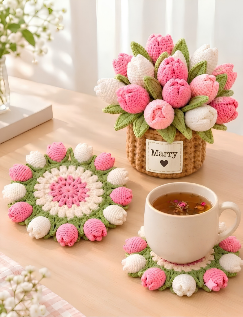 Personalized Crochet Flower Bouquet Coasters Set with Mini Basket Holder – Custom Name Tulip, Rose, Sunflower Desk Decor & Heat-Resistant Drink Mat