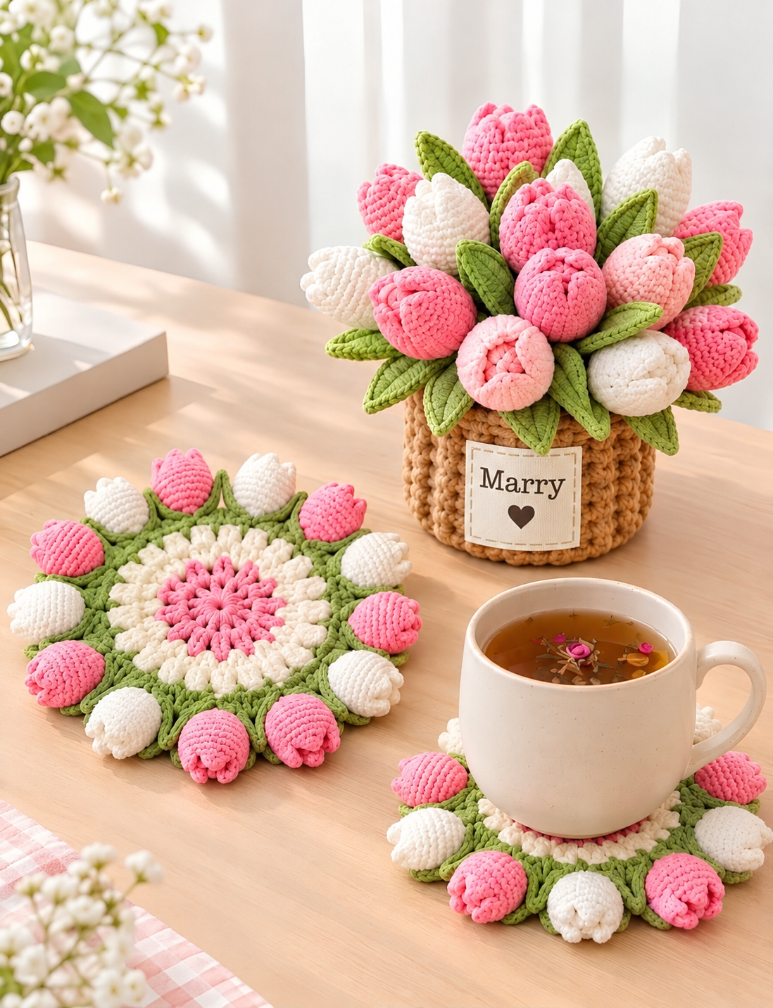 Personalized Crochet Flower Bouquet Coasters Set with Mini Basket Holder – Custom Name Tulip, Rose, Sunflower Desk Decor & Heat-Resistant Drink Mat