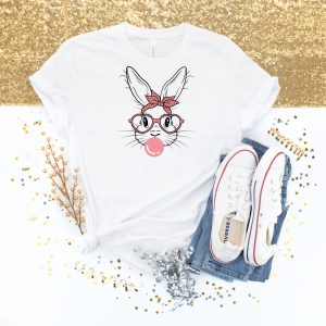Bunny with Leopard Glasses Easter Tee Shirt for Women