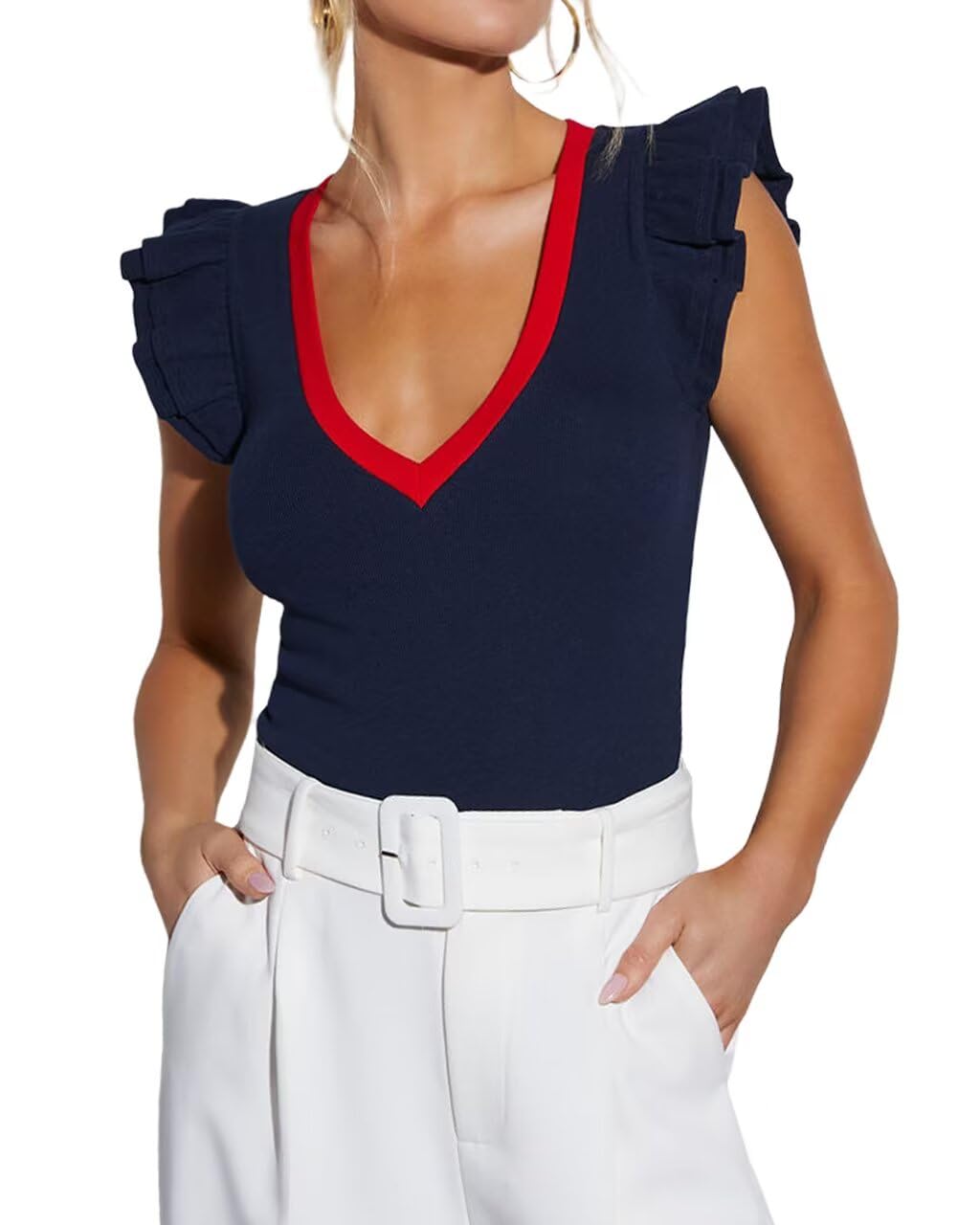Deep V Ruffle Knit Top — Slim Seduction Deep V Ruffle Knit Top — Slim Seduction