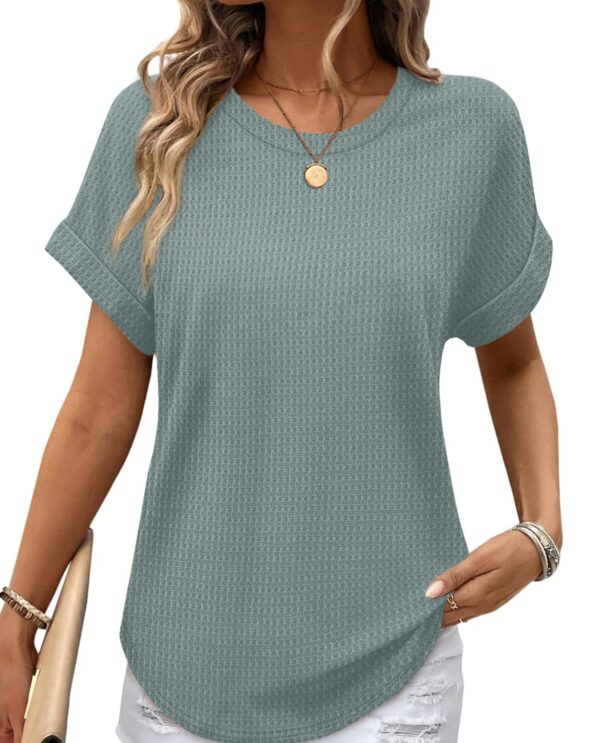 Waffle Knit Rolled Sleeve Top — Crew Neck